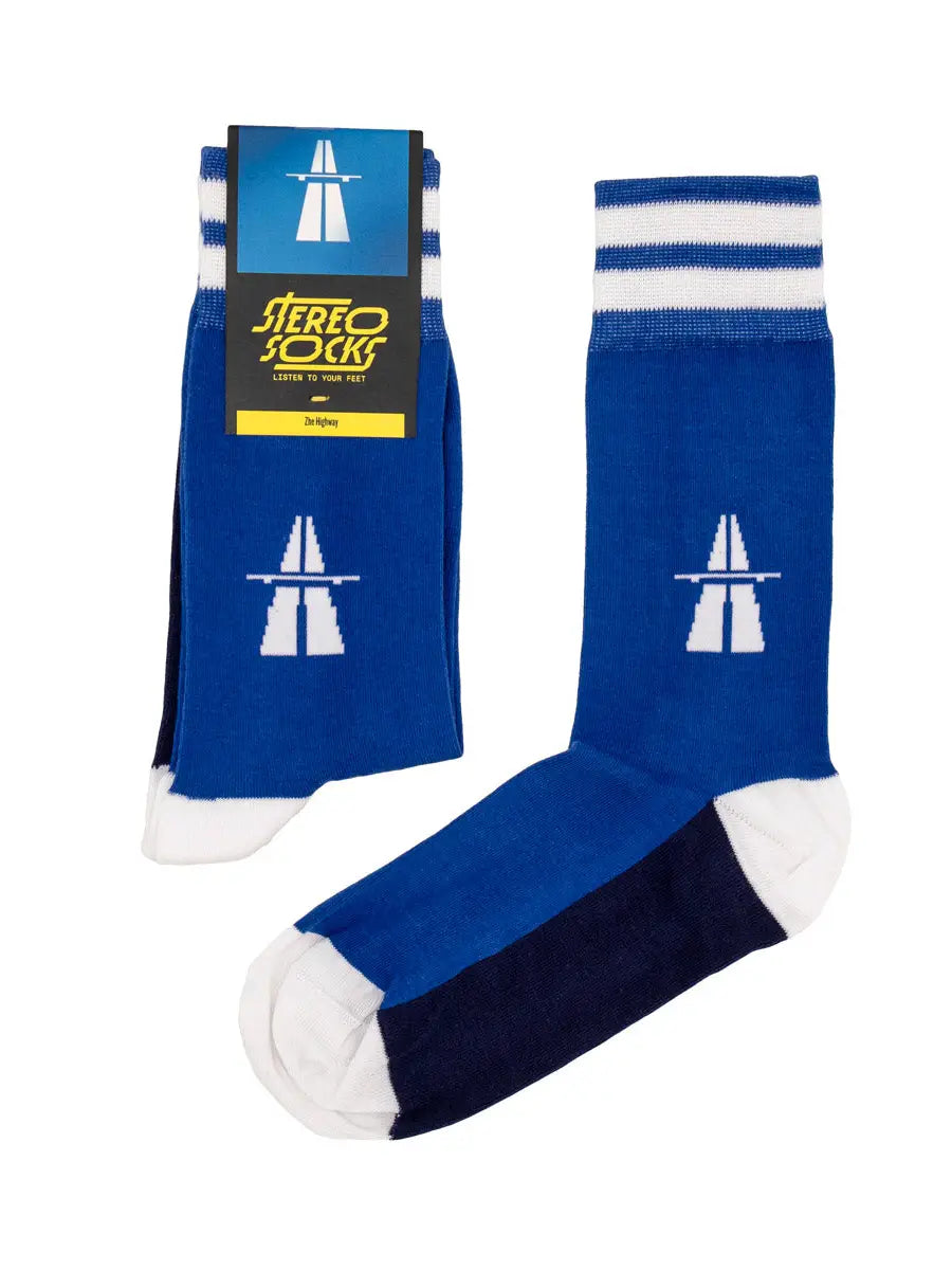 A pair of blue socks with white stripes and a Highway logo in the centre. They are on a yellow and black packaging with the words “Stereo Socks”.