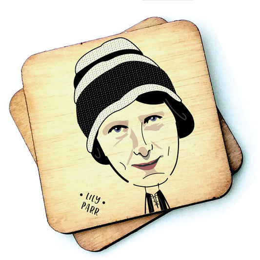 Image shows a wooden drinks coaster with a cartoon graphic of Lily Parr on the front