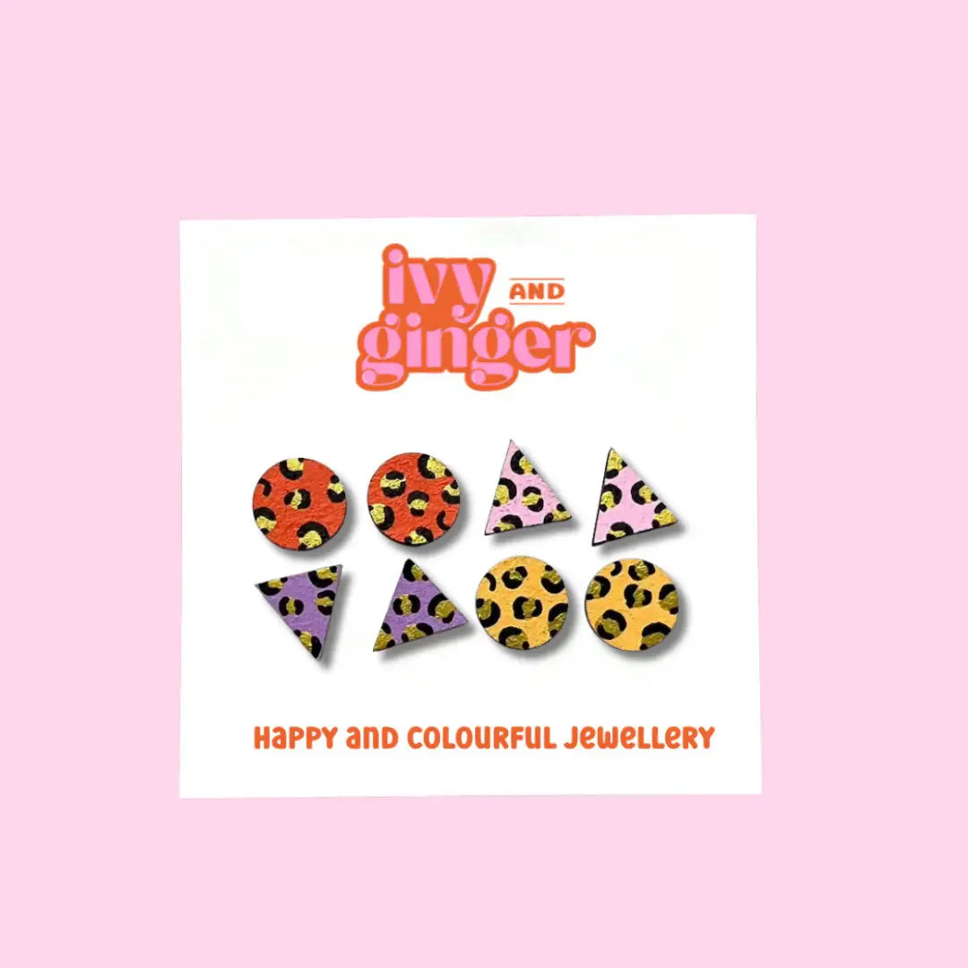 Mini Leopard Print Studs | Handmade Wooden Earrings Set