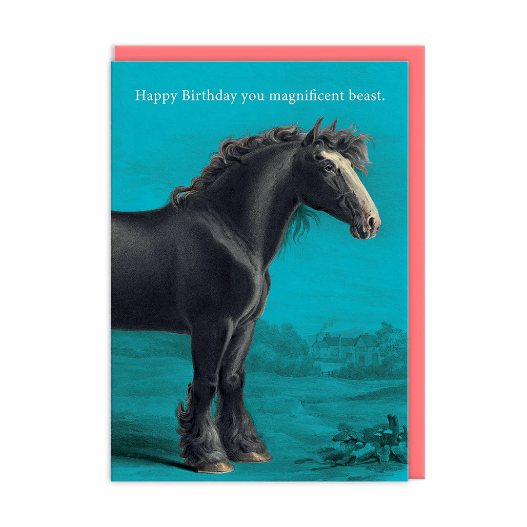 Greeting card with a horse illustration and text on a blue background that reads 'Happy Birthday you magnificent beast'