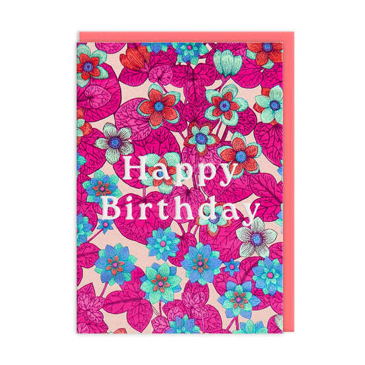 Floral birthday card with colorful flowers and 'Happy Birthday' text on a pink background