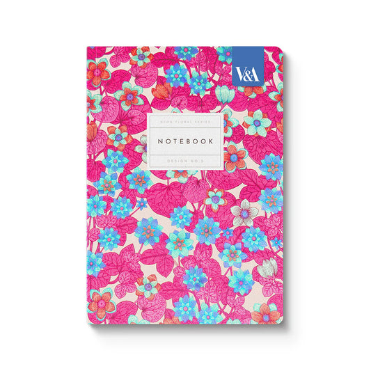 Pink floral notebook with a V&A brand logo on a white background