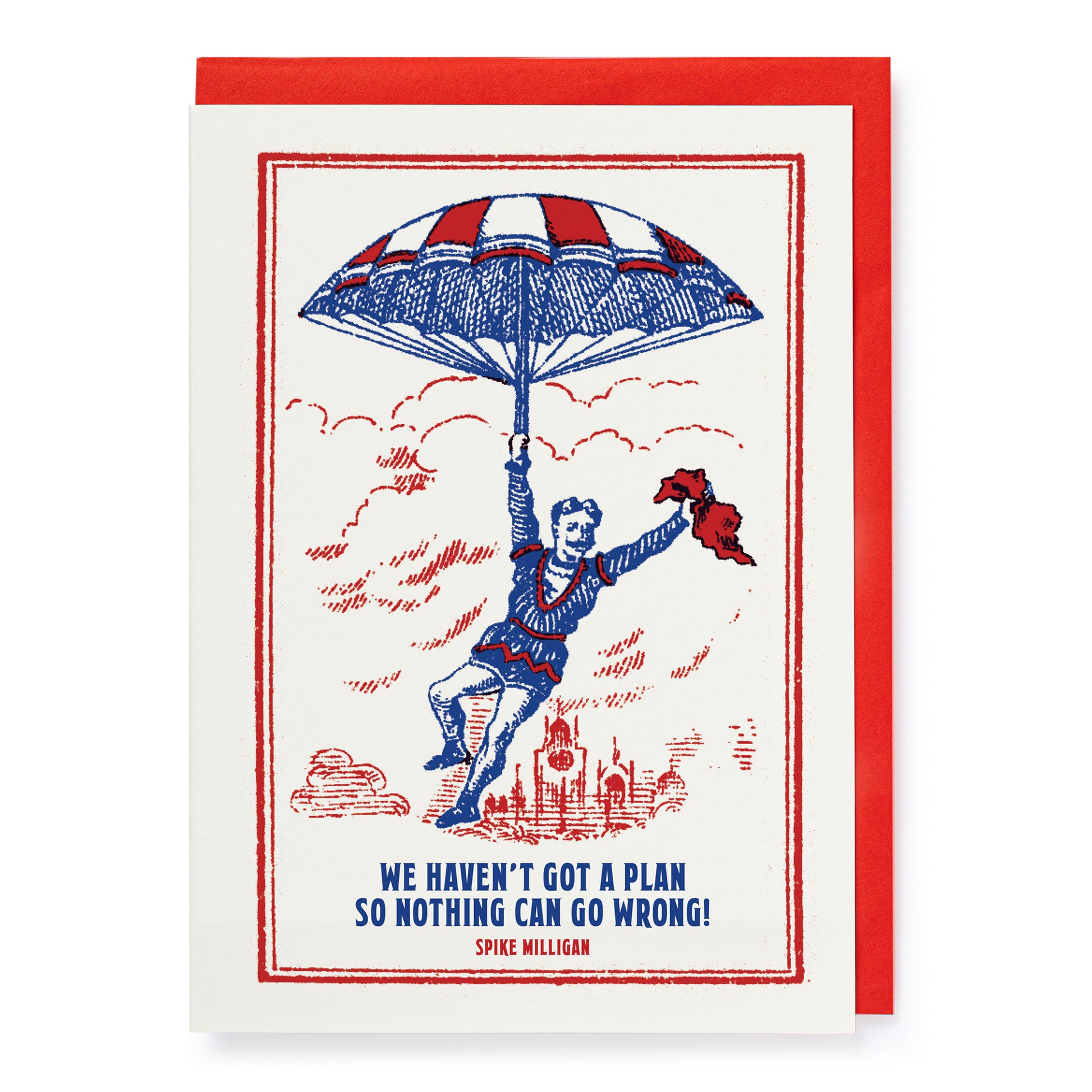Vintage-style illustration with a person on a parachute and text on a white background