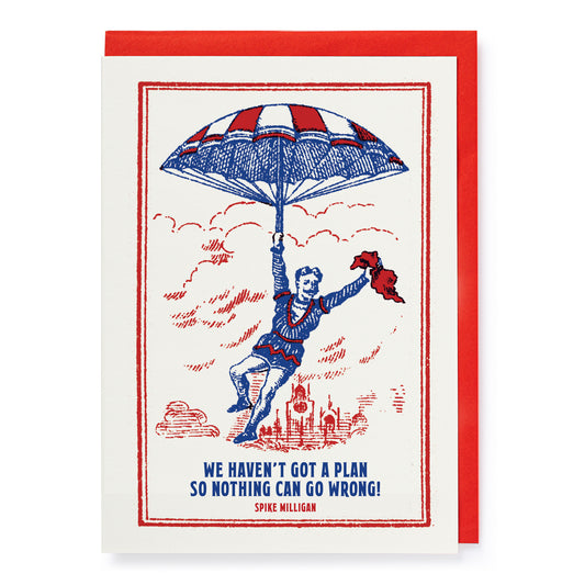 Vintage-style illustration with a person on a parachute and text on a white background