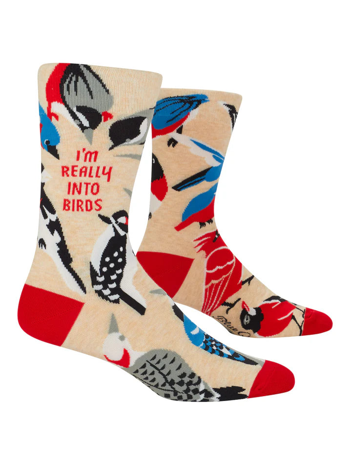 Colorful socks with bird designs and text 'I'm Really Into Birds' on a beige background
