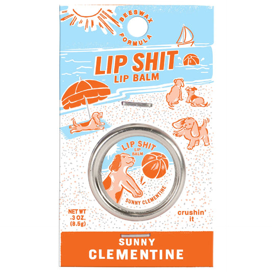 Packaging of Blue Q Lip Balm with the flavor Sunny Clementine, featuring a colorful design with beach-themed illustrations and the product name.