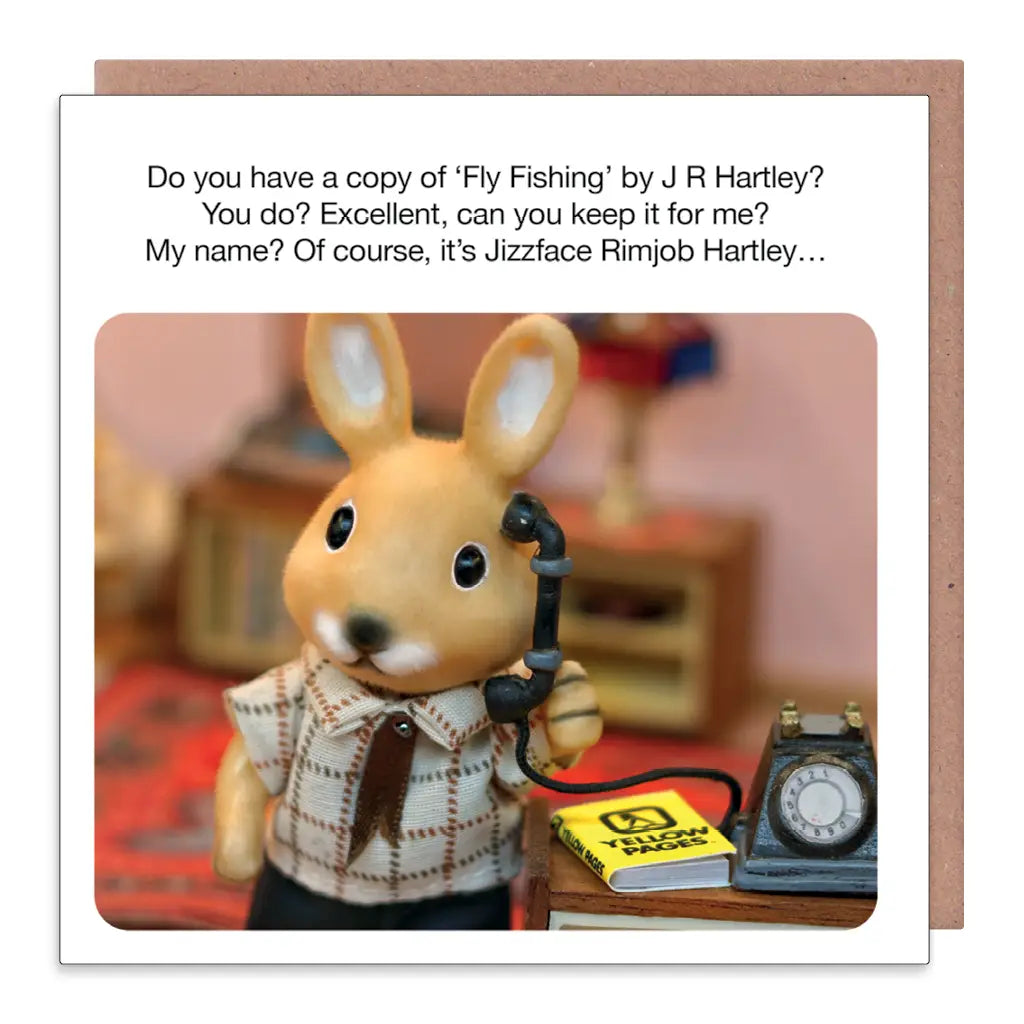 Animated rabbit character with a phone and book, humorous text overlay.