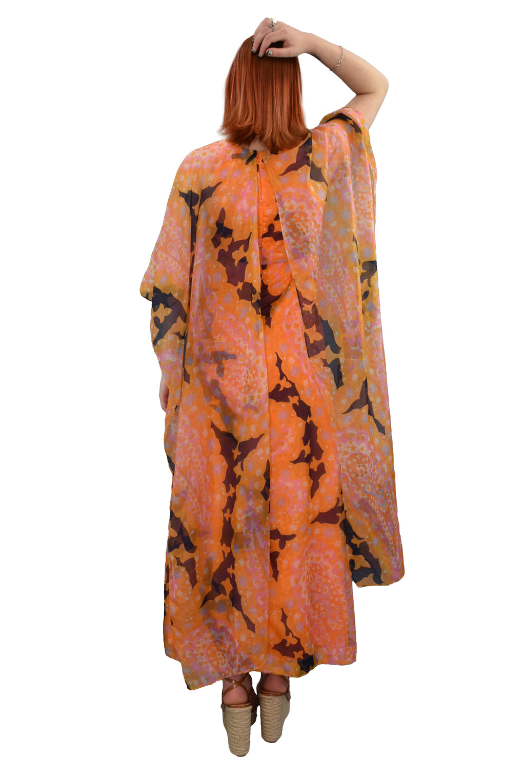 1970's Full Length Cape Sleeved Paisley Print Maxi Dress | Vintage