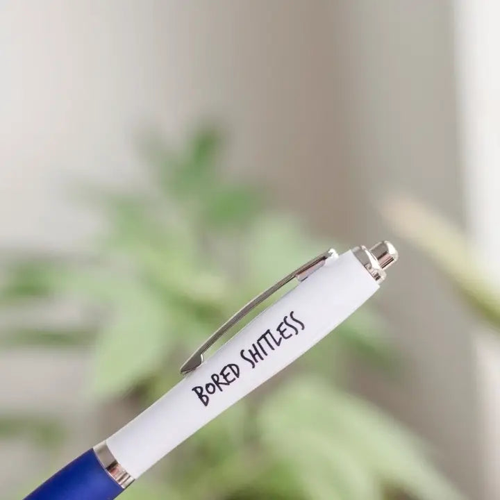 A white and blue with text on on that reads: Bored Shitless
