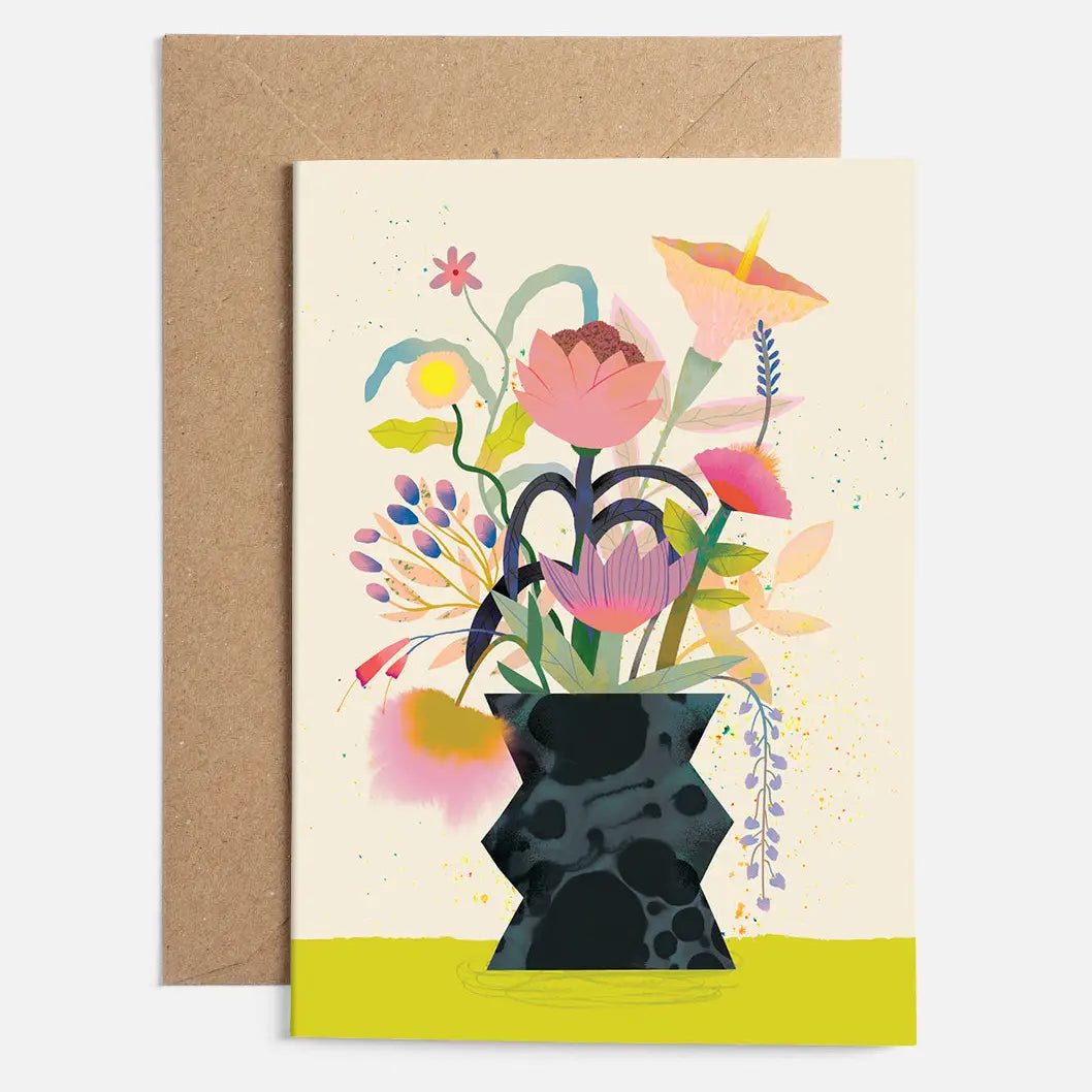 A luxury greeting card featuring a colorful hand-drawn flower bunch design in a vase, with a brown kraft envelope.
