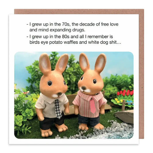 Two cartoon rabbits in a garden with text about the 70s and 80s.