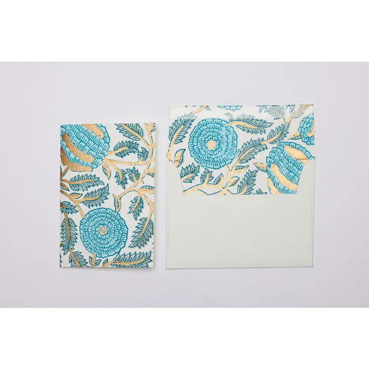 Marigold Glitz Turquoise | Paper Mirchi Block Printed Greeting Card