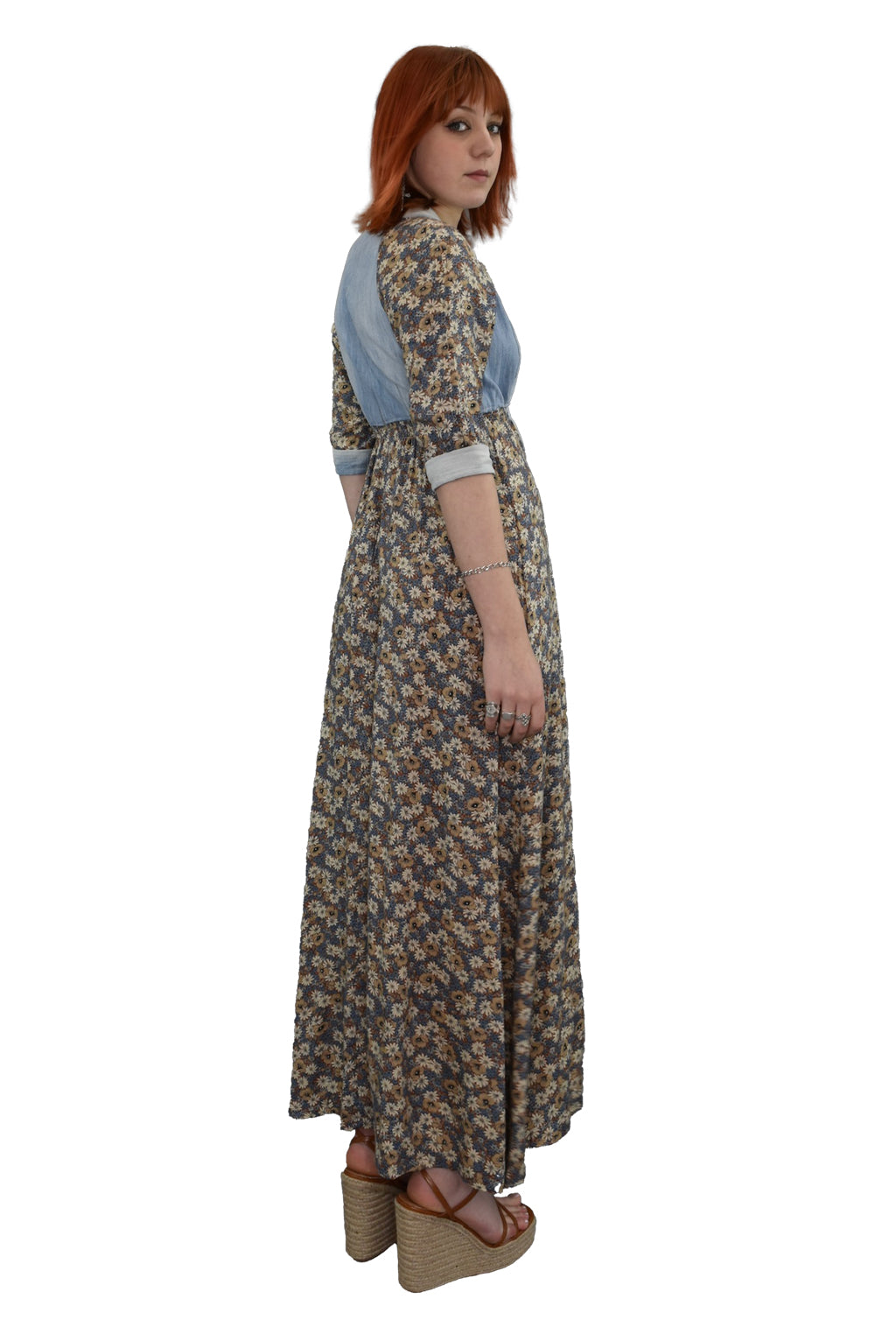 1970's Handmade Floral Cotton Chambray Prairie Dress | Vintage