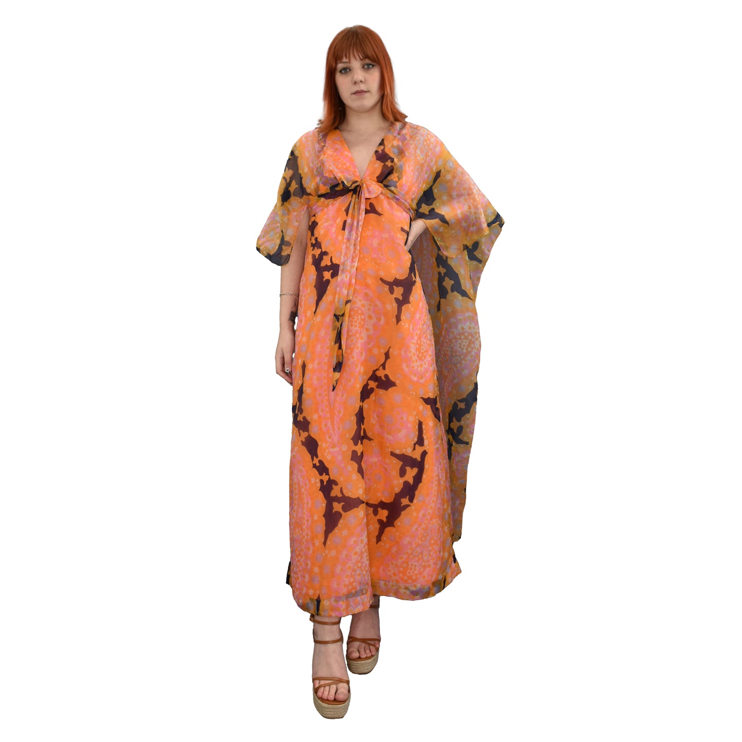 1970's Full Length Cape Sleeved Paisley Print Maxi Dress | Vintage