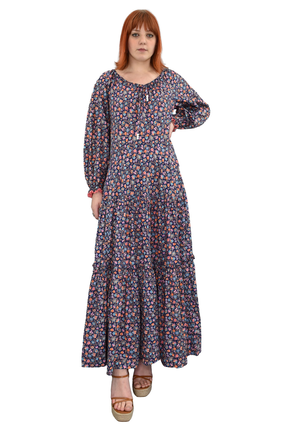 1970's Floral Cotton Tiered Maxi Dress | Vintage