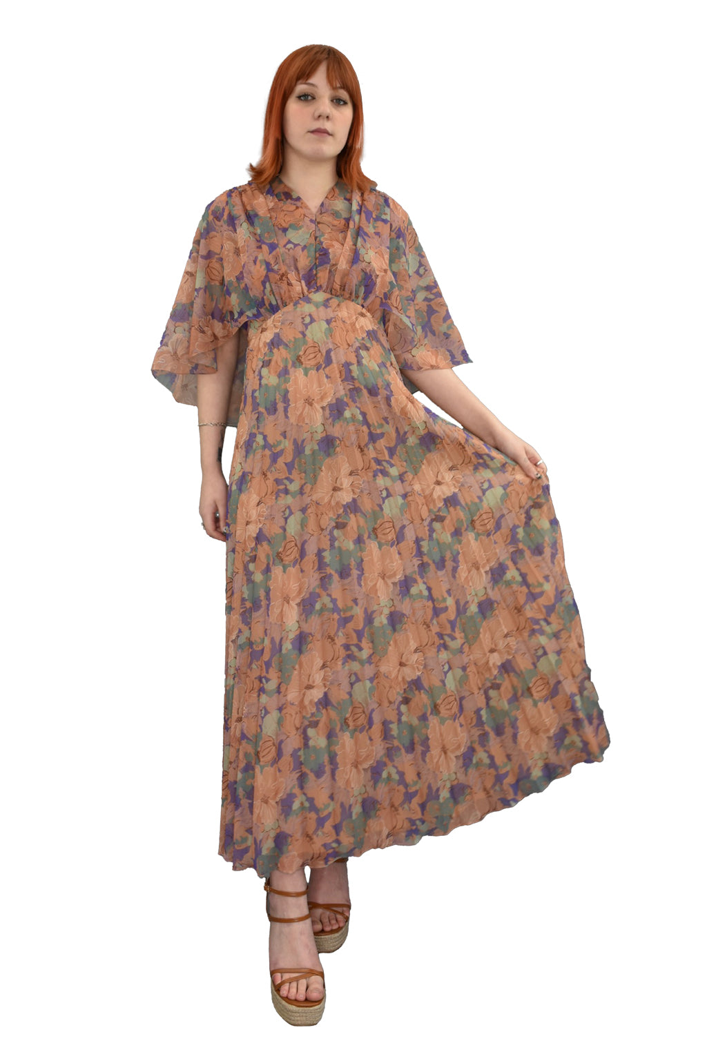 1970's Floaty Floral Maxi Dress With Cape Sleeves | Vintage