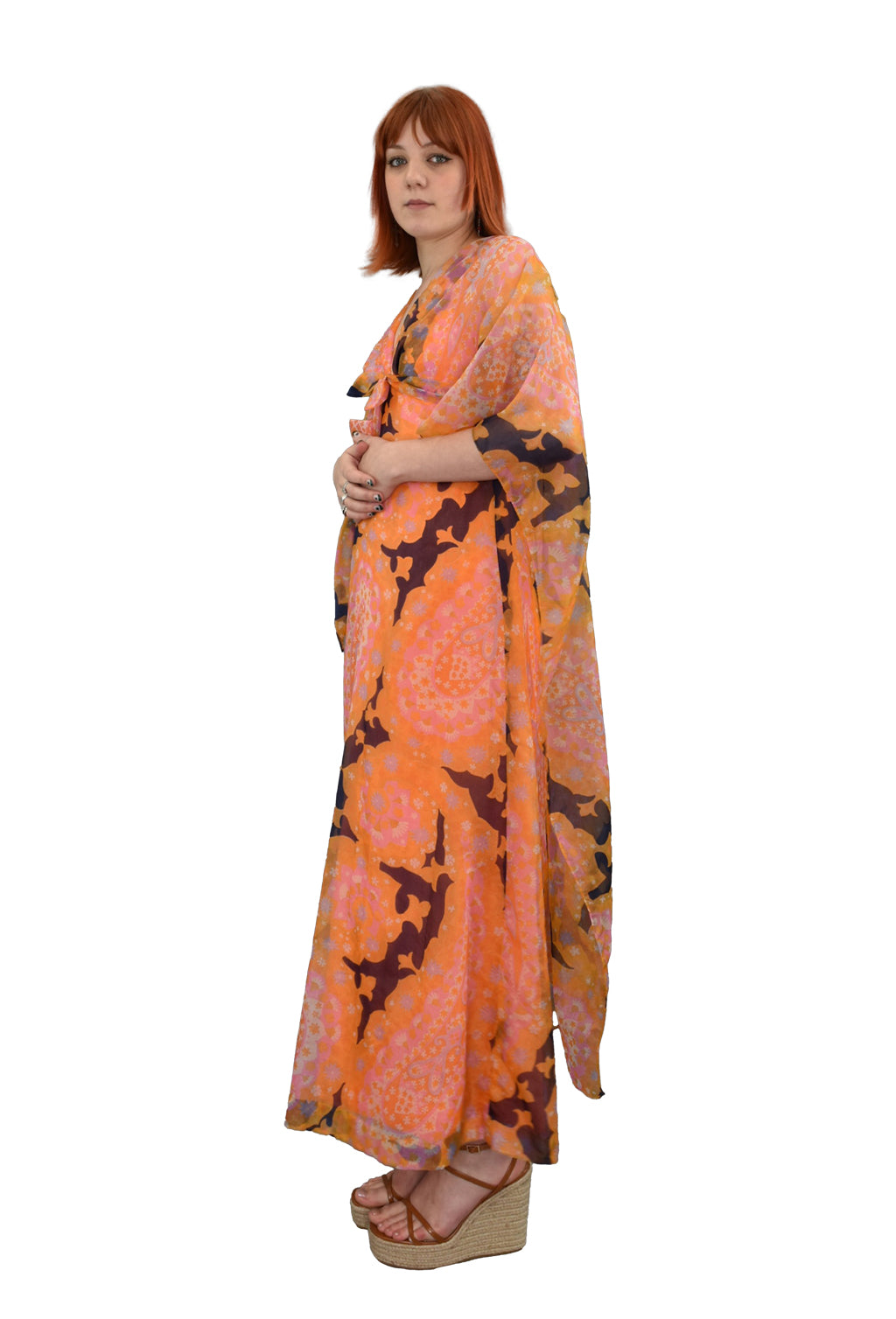 1970's Full Length Cape Sleeved Paisley Print Maxi Dress | Vintage