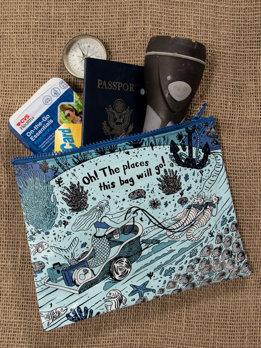 A Blue Q zipper pouch with a mermaid riding a cart with seahorses. The text reads: ' Oh! The places this bag will go!'
