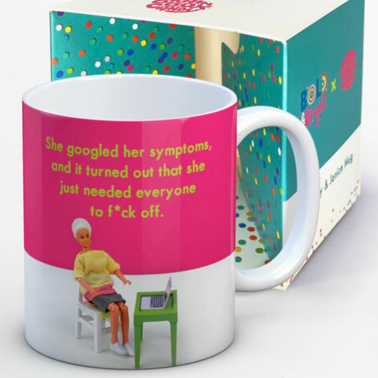 A pink and white mug with an image of a woman sat at a desk on her laptop. The text above on the mug reads: ' She googled her symptoms, and it turned out that she just needed everyone to f*uk off.'