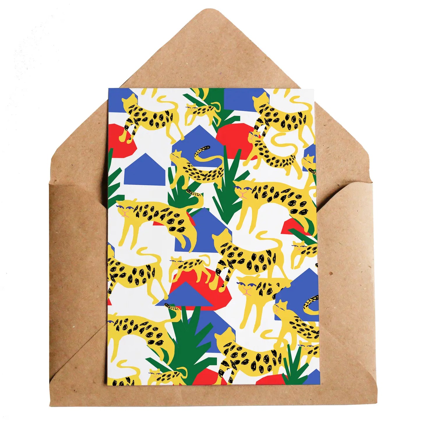 A white card with red, blue and green abstract shapes and lots of drawing so leopards on the front.