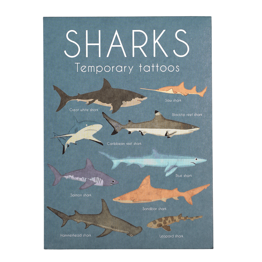 A blue cardboard packet with sharks on the on the front. The text reads: Sharks temporary tattoos