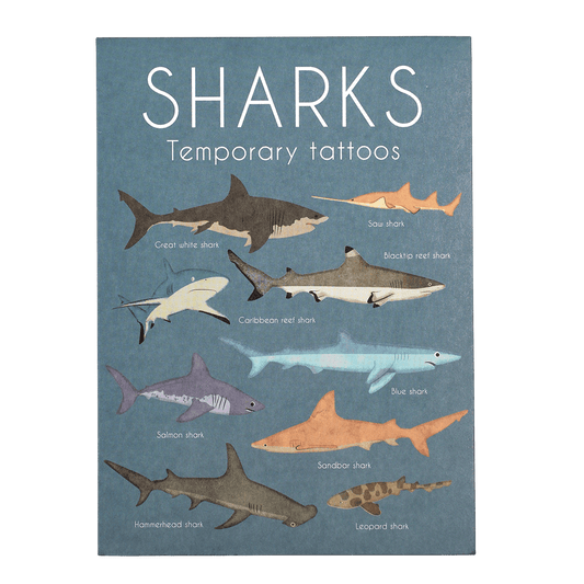 A blue cardboard packet with sharks on the on the front. The text reads: Sharks temporary tattoos