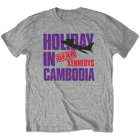 A grey T-shirt featuring the Dead Kennedys  'Holiday Plane' design motif. The print on the T-shirt is purple and red. 
