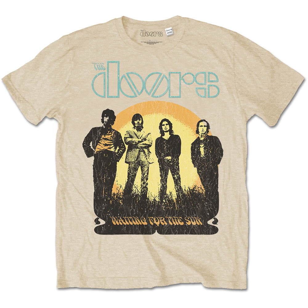 A beige T-shirt featuring The Doors '1968 Tour' design motif. The print on the t-shirt is blue, yellow and black 