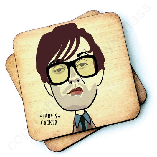 Image shows a wooden drinks coaster with a cartoon graphic of Jarvis Cockeron the front 