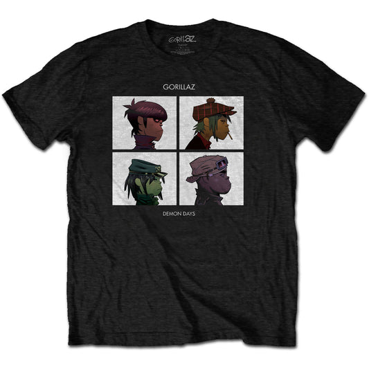 A black T-shirt featuring the Gorillaz 'Demon Days' design motif. The print on the t-shirt is orange green, white and purple.