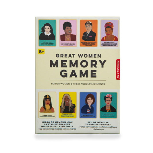 Box with Images on the front of 8 different women. The box reads: Great women memory game. Match women & their accomplishments.