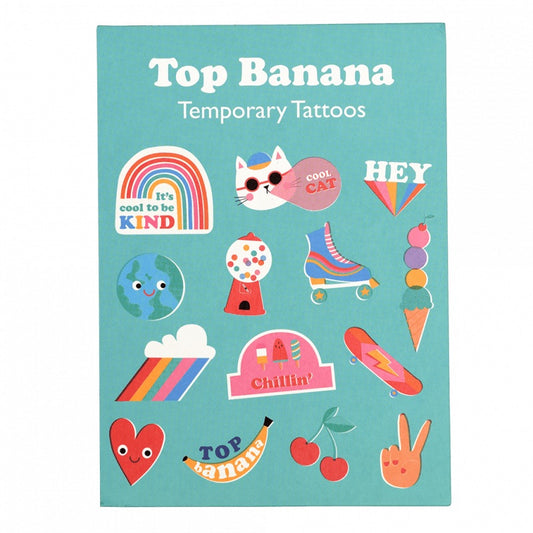 A blue cardboard packet with cartoon images on the front. The text reads: Top banana temporary tattoos