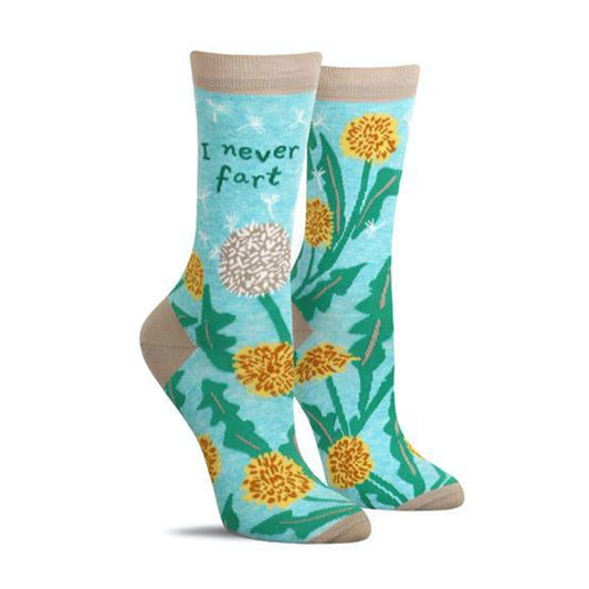 Blue and Grey Blue Q socks with pictures of dandelions on them. The text on the socks reads ‘i never fart’