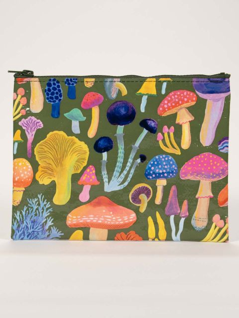 A green Blue Q zipper pouch with Pink, Yellow, Blue and orange mushrooms all over