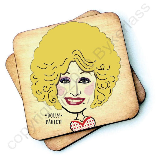 Image shows a wooden drinks coaster with a cartoon graphic of Dolly Parton on the front 