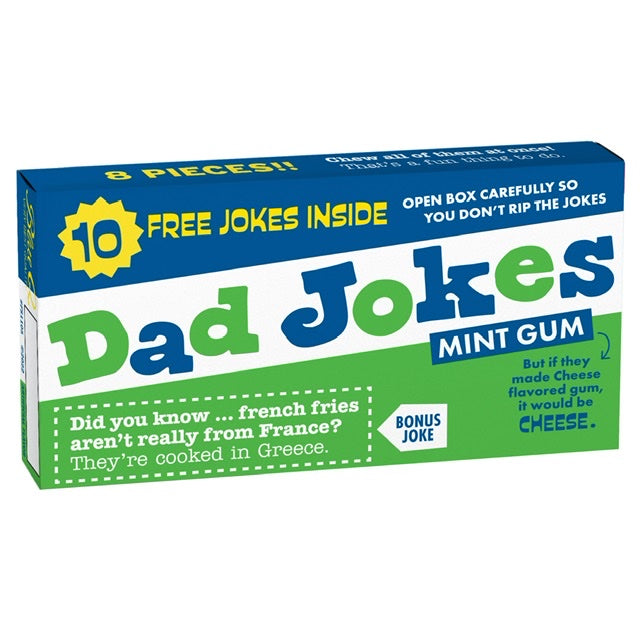 Blue Q box of gum with text on that reads: Dad jokes mint gum but if they made cheese flavoured gum it would be cheese