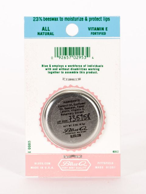 The back of the packaging for Blue Q lip shit watermelon tangerine, showing the ingredients of the product