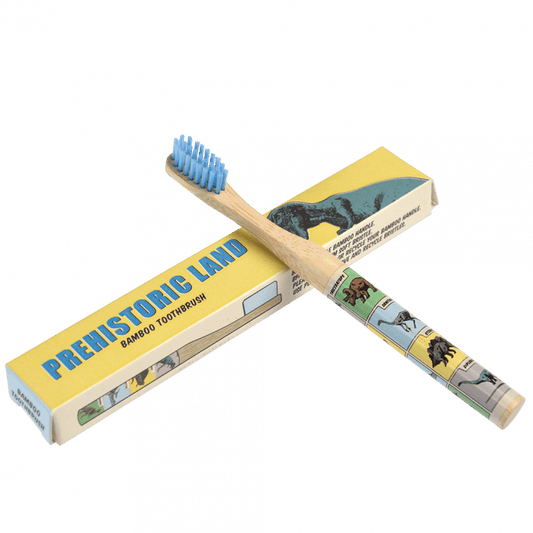 A wooden toothbrush with dinosaur images on the handle is leaning up against a yellow cardboard box that reads: Prehistoric land bamboo toothbrush