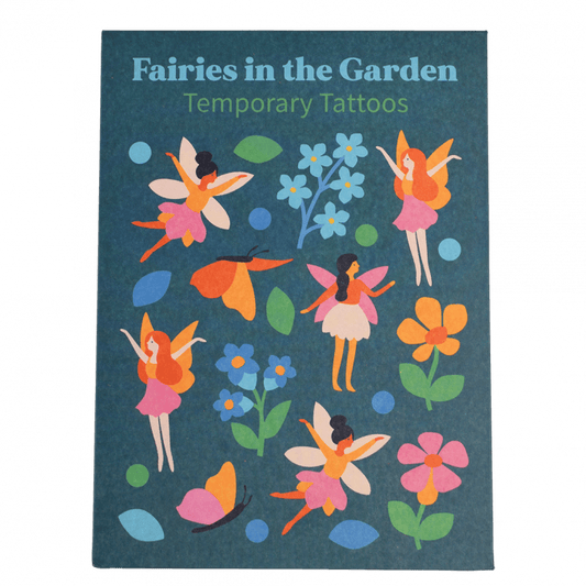 A blue cardboard packet with images of fairy's and flowers on. The text reads: Fairies in the garden temporary tattoos