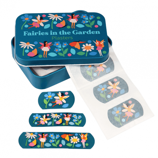 An open tin with fairys plasters coming out of it. On The front of the tin there are pictures of faries and flowers and infront of it there are 3 different sized fairy plasters