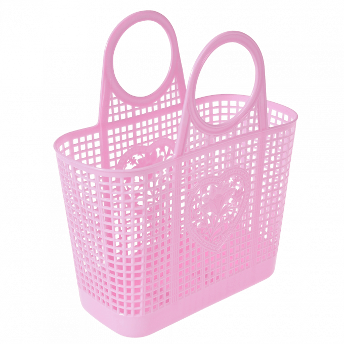 A pink plastic basket with a love heart and flower design on on the front