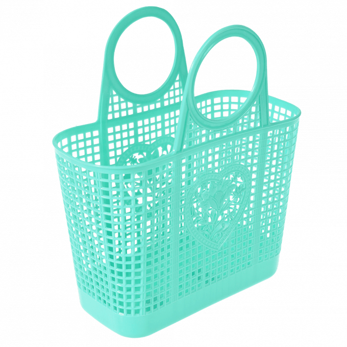 A green plastic basket with a love heart and flower design on on the front
