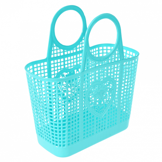 A blue plastic basket with a love heart and flower design on on the front