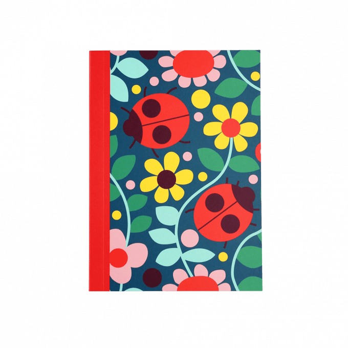Small notebook with ladybirds and yellow and pink flowers on the front.