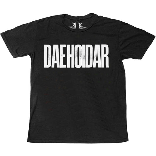 A black T-shirt featuring the Radiohead 'Daehoidar' design motif. The print on the T-shirt is white.