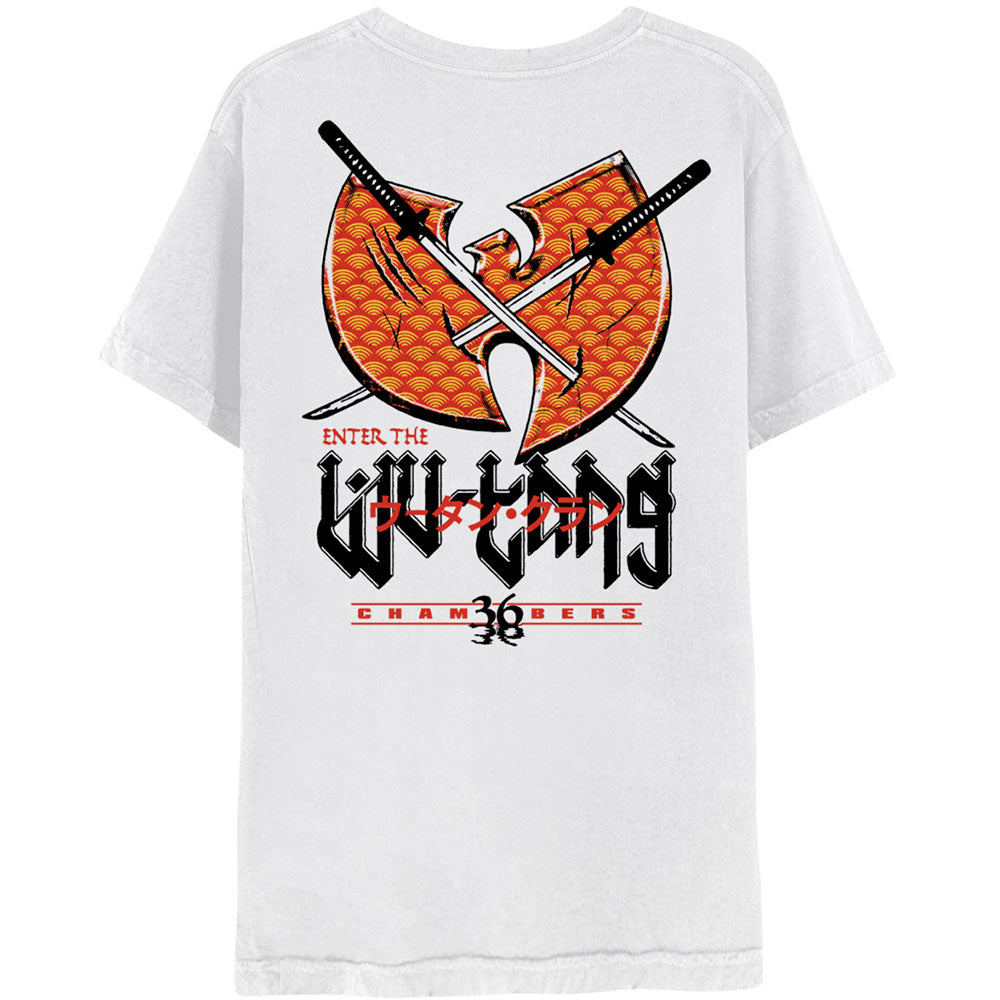 A white T-shirt featuring Wu-Tang Clan 'Swords' design motif. The print on the T-shirt is orange, red and black
