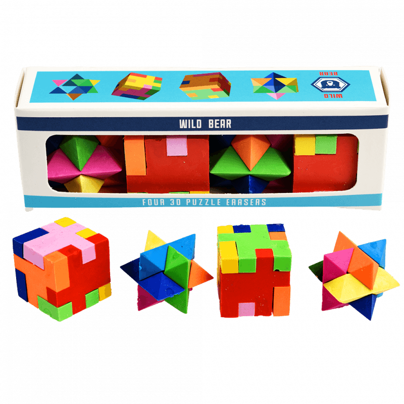 4 puzzle erasers, 2 are star shaped and 2 are cubes, and they are made up of yellow, blue, green, red and pink pieces.