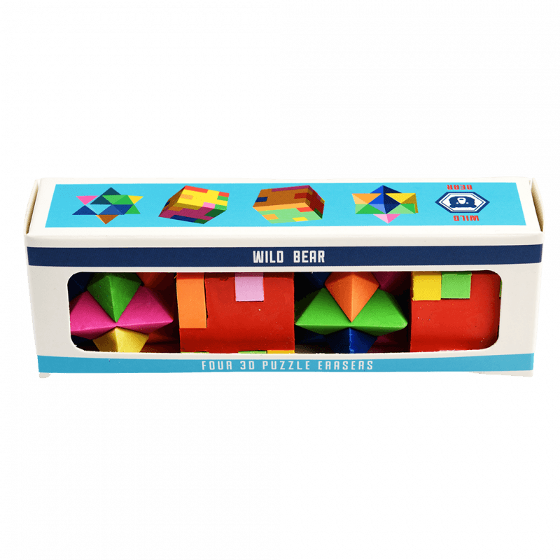 4 puzzle erasers, 2 are star shaped and 2 are cubes, and they are made up of yellow, blue, green, red and pink pieces.