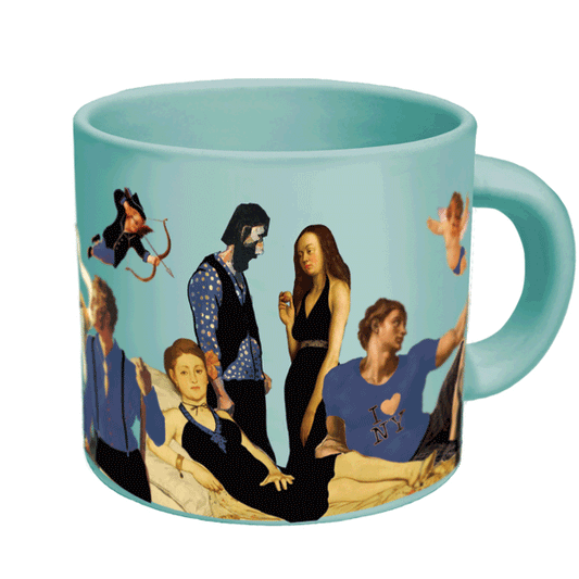 A blue mug that has 13 works of art from the 15th to 20th centuries. The art is of different people and when you put in hot liquid all of their clothes disappear 