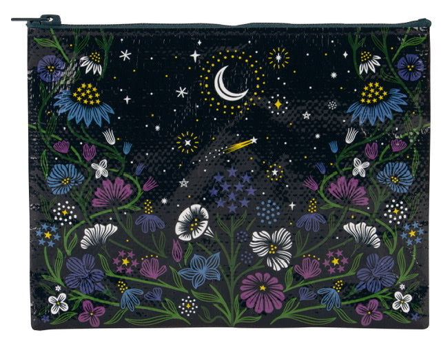 A Blue Q zipper pouch with purple, blue and green flowers around and white and yellow stars and a moon on the top